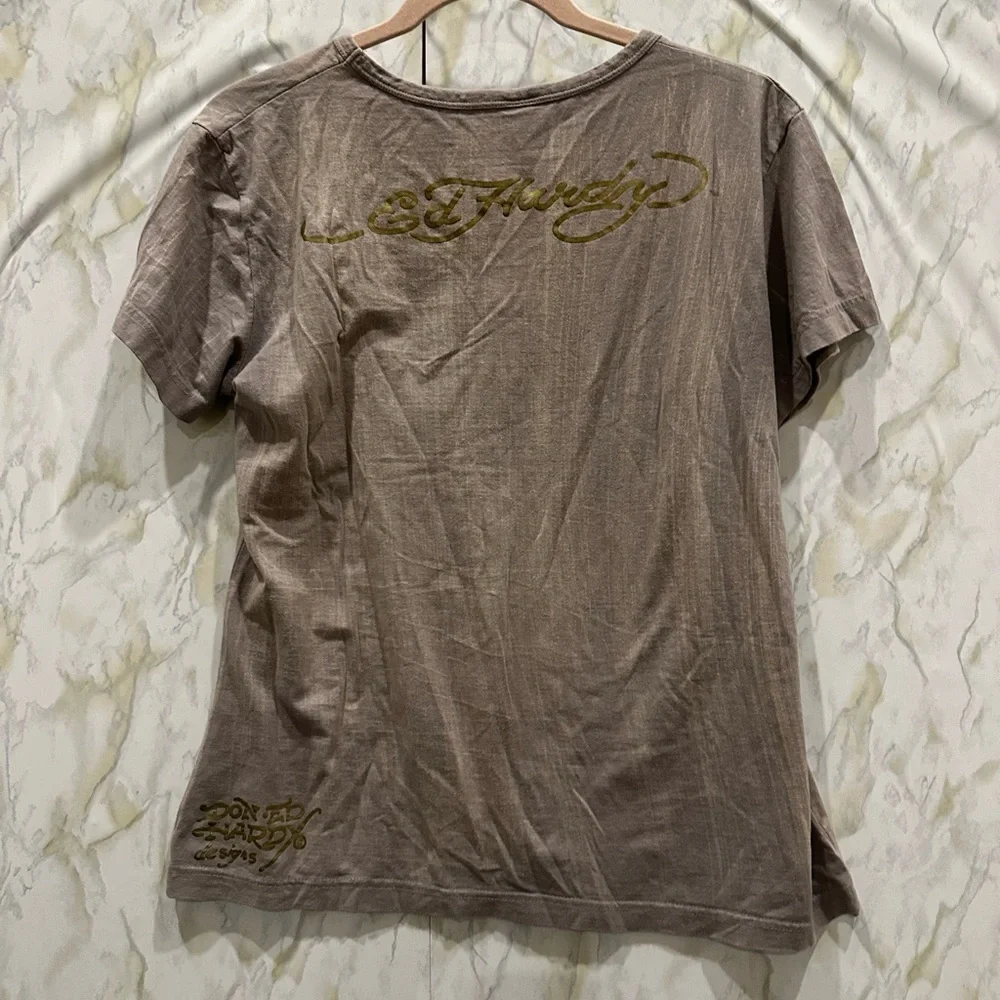Ed Hardy Y2K vintage tee skull rose red green gold grey casual short sleeve Med - Picture 7 of 9